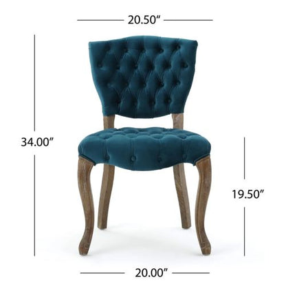 Tufted Velvet-Look Dining Chairs with Carved Wood Legs, Set of 2, Teal