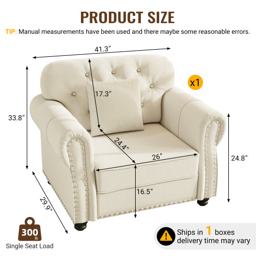 41.3 inch  Beige-White Mid-Century Velvet Sofa,Nailhead Trim,Button Tufting,1 Pillow