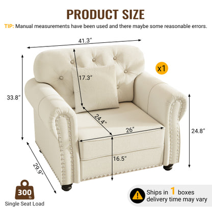 41.3 inch  Beige-White Mid-Century Velvet Sofa,Nailhead Trim,Button Tufting,1 Pillow
