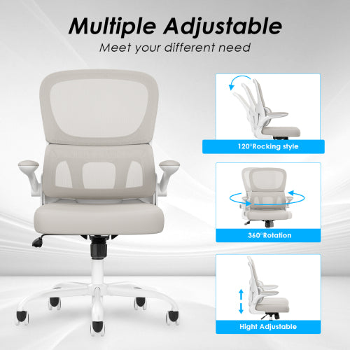 Office Chair, Mesh Ergonomic Office Chair with Lumbar Support, Comfy Computer Desk Chair with Flip Armrest Rolling Wheels for Home Study Room Office, White & Khaki
