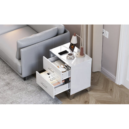 High Gloss Mirrored Nightstand with 2 Drawers,Modern End Table with Drawers,Mirrored High Gloss Wood Nightstand Metal Handle Bedside End Table for Bedroom, Dorm,Living Room,White