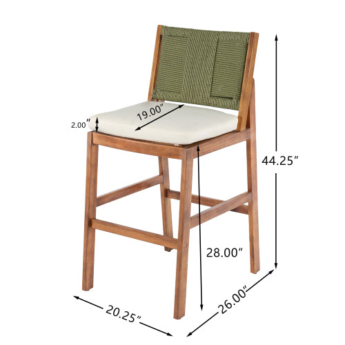 Outdoor Acacia Wood Bar Stools (Set of 2), Teak Finish Bar Height Chairs with Cream Cushion & Green Wicker Back, Counter Height Stools for Patio, Poolside, Kitchen Island