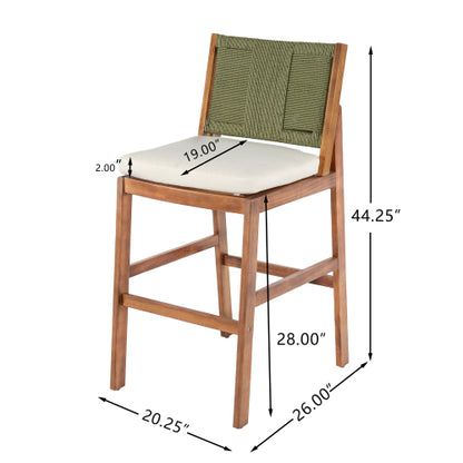 Outdoor Acacia Wood Bar Stools (Set of 2), Teak Finish Bar Height Chairs with Cream Cushion & Green Wicker Back, Counter Height Stools for Patio, Poolside, Kitchen Island