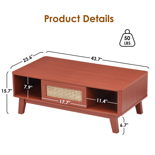 Mid Century Coffee Table Rattan Drawer Solid Wood Leg Storage Table
