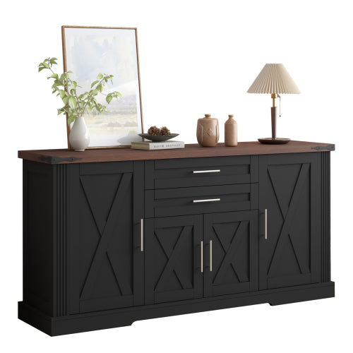 63 inch Farmhouse Barn Door Storage Cabinet with 2 Drawers & Door Rack, Large Buffet Table Coffee Bar Cabinets with Adjustable Shelves for Kitchen, Living Room, Entryway, Dining Room, Black