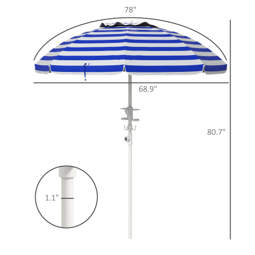 Outsunny 5.7' Portable Beach Umbrella with Tilt, Adjustable Height, 2 Cup Holders & Hooks, UV 40+ Ruffled Outdoor Umbrella with Vented Canopy, Blue White Stripe