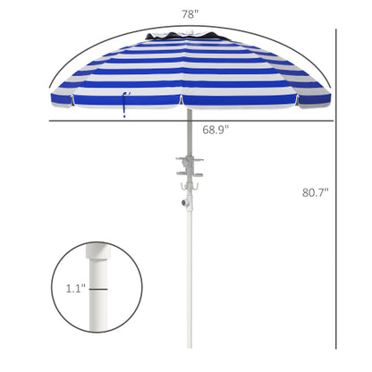 Outsunny 5.7' Portable Beach Umbrella with Tilt, Adjustable Height, 2 Cup Holders & Hooks, UV 40+ Ruffled Outdoor Umbrella with Vented Canopy, Blue White Stripe