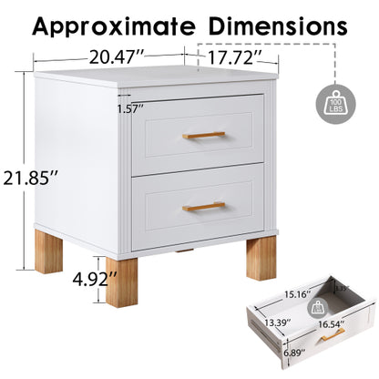 White Fluted Nightstand, 2-Drawer Bedside Table with Metal Handles & Solid Wood Legs
