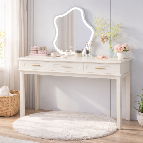 Cream White Vanity Desk with 3 Drawers, Modern Makeup or Writing Desk, Multipurpose Dressing Table for Bedroom, No Mirror Included