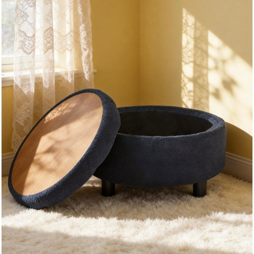 25 Inch Round Storage Ottoman, Black Tufted Fabric