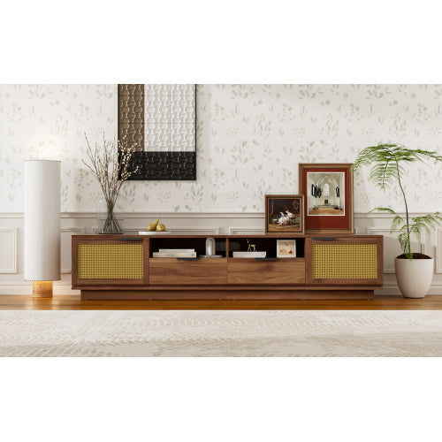 78.74 inch Walnut 2 Rattan Door 2 Drawer Legless TV Stand Open Shelf Media Console Supports 85 inch TV