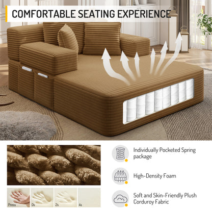 Camel Oversized Plush Corduroy Frameless Convertible Chaise Sofa Bed w/Storage Pockets & 3 Pillows