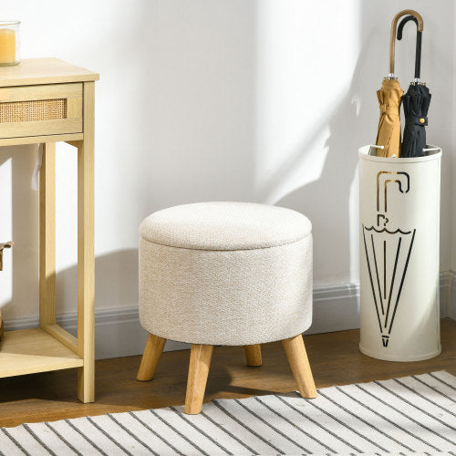 Cream White Round Linen Storage Ottoman, Cushioned Top Oak Leg Stool, 15.25 inch, 264 LBS Capacity