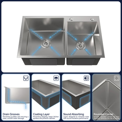 Stainless Steel Kitchen Sink, 32″x19″ Double Bowl in Brushed Nickel, Overmount Handmade Sink, with US Standard Drain and Hook, LS-SSBR03