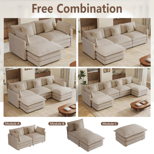 Light Coffee Chenille Modular Sofa Ottoman with Wood Frame