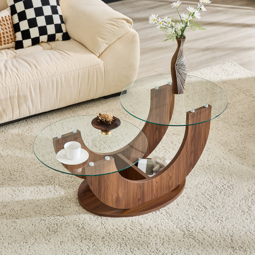 23.6inch  2-Tier U-Shaped Glass Coffee Table, Walnut MDF Base, Adjustable Height