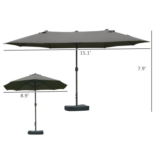 Patio Umbrella 15' Steel Rectangular Outdoor Double Sided Market with base, Sun Protection & Easy Crank for Deck Pool Patio, Dark Gray