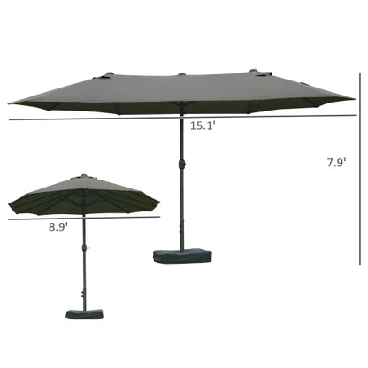 Patio Umbrella 15' Steel Rectangular Outdoor Double Sided Market with base, Sun Protection & Easy Crank for Deck Pool Patio, Dark Gray