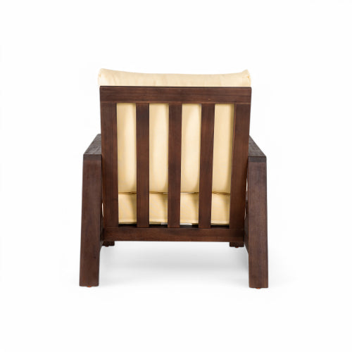 Patio Accent Chair 27.6" Wood Chair Outdoor Lounge Chair for Patios, Gardens, or Balcony, Dark Brown +Beige Cushion