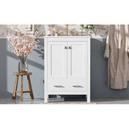24-inch bathroom vanity with integrated undermount basin and a storage cabinet featuring 2 doors and 1 drawer. Includes double-layer door shelf, soft-close design, and versatile storage solutions