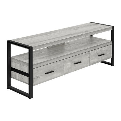 60 Inch Rustic Grey Industrial TV Stand with Black Metal Frame & 3 Metal Glide Drawers