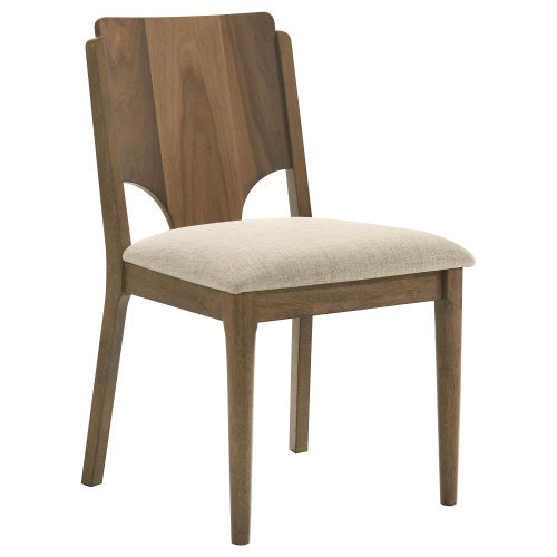 Set of 2 Walnut Finish Dining Side Chairs, Wood Frame Chairs with Wedge Cutout Back & Beige Fabric