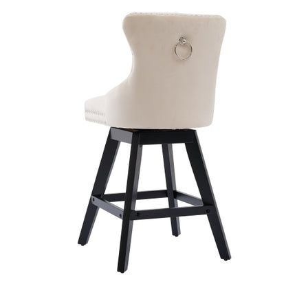 Swivel Velvet Barstools with Button Tufted Decoration and Wooden Legs, and Chrome Nailhead Trim, Leisure Style Bar Chairs,Bar stools, Set of 2 (Beige)