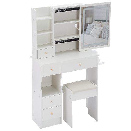 29.2" Small Size Left Drawer Desktop Vanity Table + Cushioned Stool, 2 AC+2 USB Power Station, Hair dryer bracket, Extra Large Touch Control Sliding LED Mirror, Tri-color Switching, Brightness Adjust