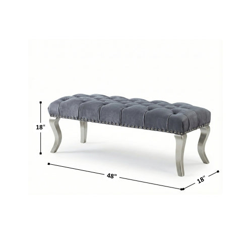 Decor Tufted Fabric Upholstered Bench Nailhead Trim , Gray