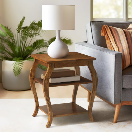 Walnut Square Accent Table 2 Tier Open Storage Cabriole Legs Design