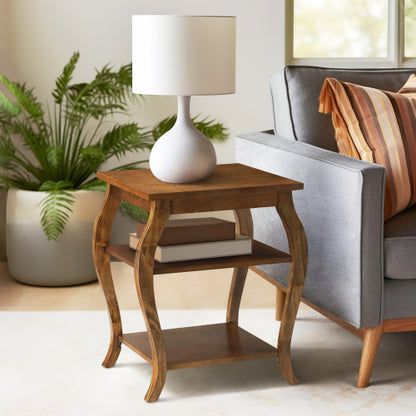 Walnut Square Accent Table 2 Tier Open Storage Cabriole Legs Design