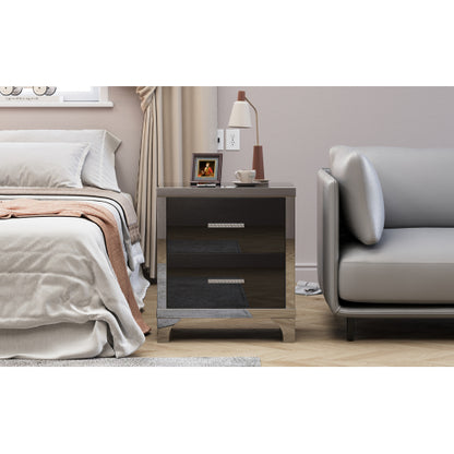High Gloss Mirrored Nightstand with 2 Drawers,Modern End Table with Drawers,Mirrored High Gloss Wood Nightstand Metal Handle Bedside End Table for Bedroom, Dorm,Living Room,Black