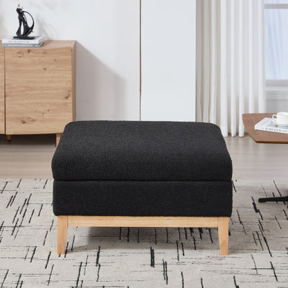 33.86 Inch Black Boucle Square Storage Ottoman, Reversible Lid Footrest with Rubberwood Legs, 300 LBS Weight Capacity