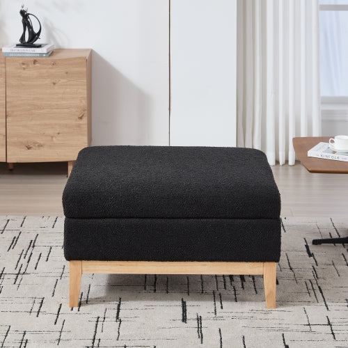33.86 Inch Black Boucle Square Storage Ottoman, Reversible Lid Footrest with Rubberwood Legs, 300 LBS Weight Capacity