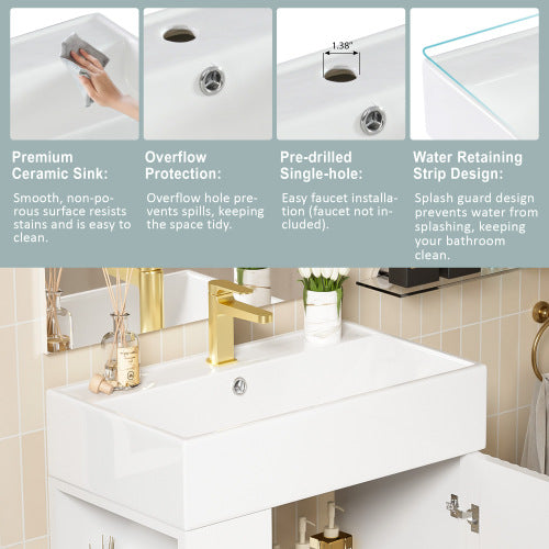 21.6" white Bathroom vanity, Combo Cabinet, Bathroom Storage Cabinet, Single Ceramic Sink, Left side storage