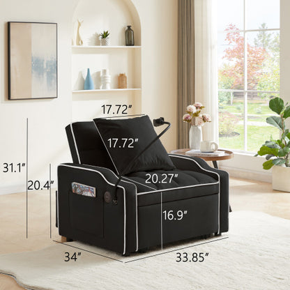 Black 3-in-1 Convertible Sleeper Chair with USB-C & Phone Holder