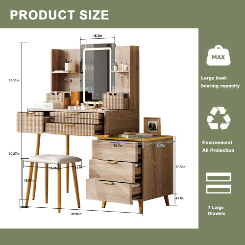7-Drawer White Vanity Desk with LED Mirror & Carved Details, Fluted Makeup Table, Metal Legs, PU Stool & Jewelry Storage