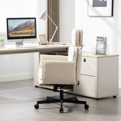 Criss Cross Chair with Adjustable Armrests & Wheels & Headrest, PU Lounge Vanity Desk Chair with Wide Seat for Cross-Legged Sitting, Swivel Task Office Chairs for Home, Makeup, Gaming, Office, Beige