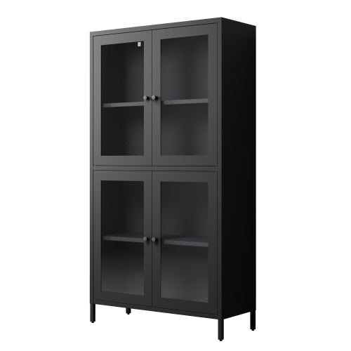 Black Classic 4-Glass-Door Metal Storage Cabinet Adjustable Shelf Home Office Display Cabinet