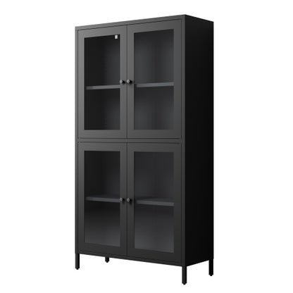 Black Classic 4-Glass-Door Metal Storage Cabinet Adjustable Shelf Home Office Display Cabinet