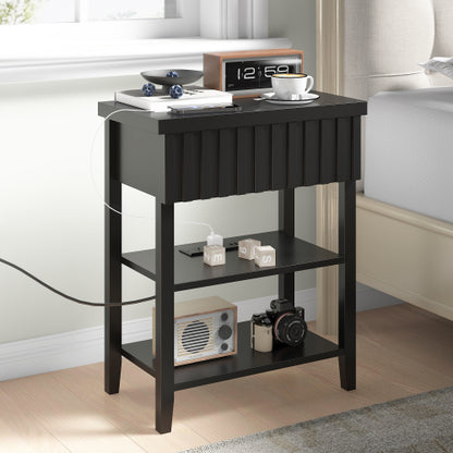 Black Fluted Nightstand with Charging Station