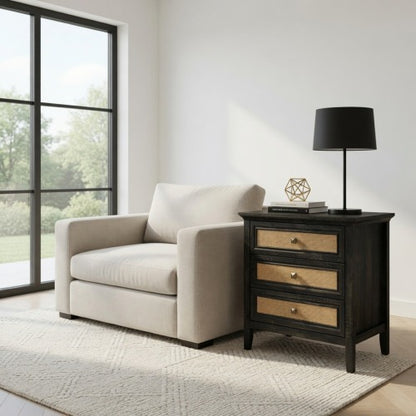 29.5-Inch Wide Boho Nightstand with 3 Drawers, Tall Rattan End Table with Storage