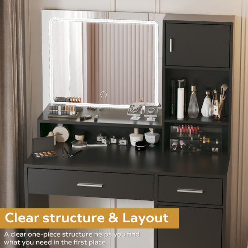 Black Vanity Desk with Mirror & LED Light Strip, Large Drawer, 3-Level Storage Dresser, 3 Lighting Modes, Adjustable Brightness