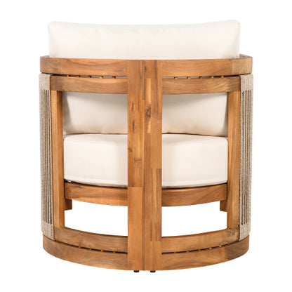Premium Acacia Wood Outdoor Club Chair, Curved Tub Design with Woven Rope Accents, Water-Resistant Cushions, All-Weather Slat Construction