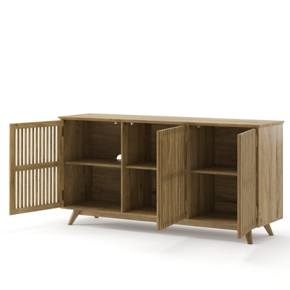 58.86 Inch Solid Knot-Free Pine Mid-Century TV Stand with Adjustable Shelf & Push-to-Open Doors