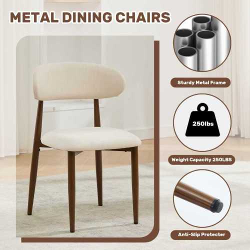 Set of 2 Metal Dining Chairs with Upholstered Seat, Woodgrain Frame, Beige Kitchen Chairs