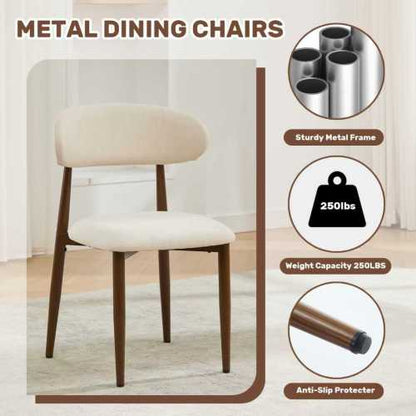 Set of 2 Metal Dining Chairs with Upholstered Seat, Woodgrain Frame, Beige Kitchen Chairs