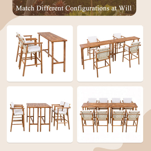 3 Piece Outdoor Bar Set, Patio Acacia Wood Bar Height Table & 2 Stools with Cushions, Wood Dining Bar Set for Backyard, Poolside, Balcony, Beige Cushions