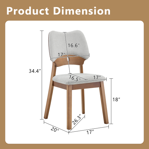 Set of 2 Walnut Solid Wood Dining Chairs, Hollow Out Curved Back Chairs with Gray Fabric