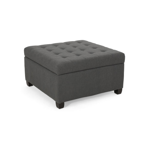 Dark Gray Fabric Tufted Storage Ottoman with Birch Wood Legs